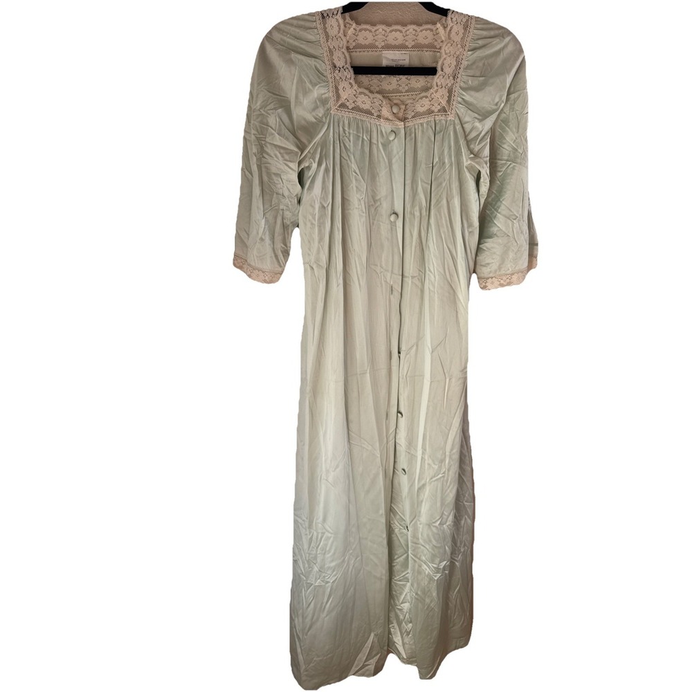 VTG JC Penney Nightgown Robe‎ 2 Pc Size M Lace Mint Green Button Pinoir Lingerie